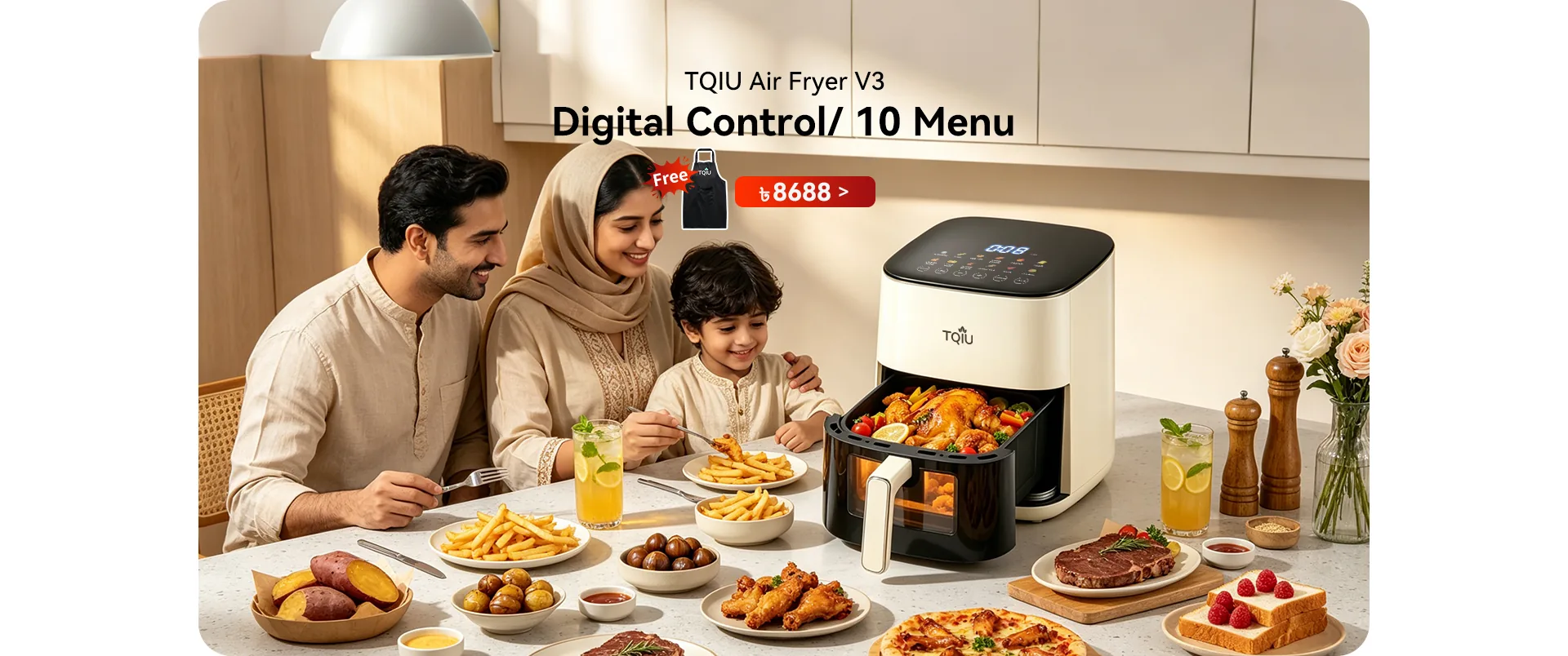 TQIU Air Fryer V3 ডিজিটাল কন্ট্রোল ও ১০টি মেনু
TQIU Air Fryer V3 digital control and 10 menus