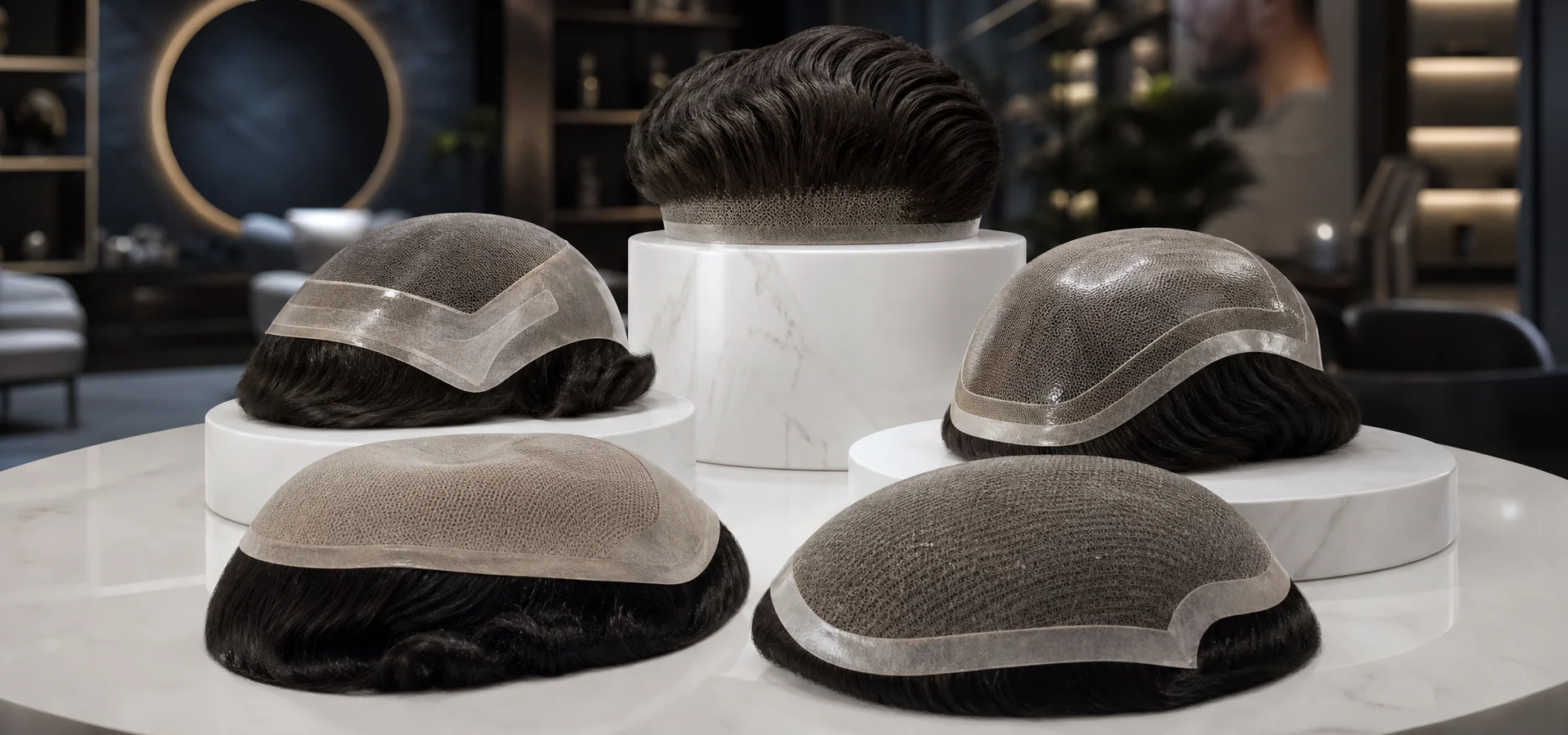 Skin, lace, mono and hybrid hair system bases on a display table