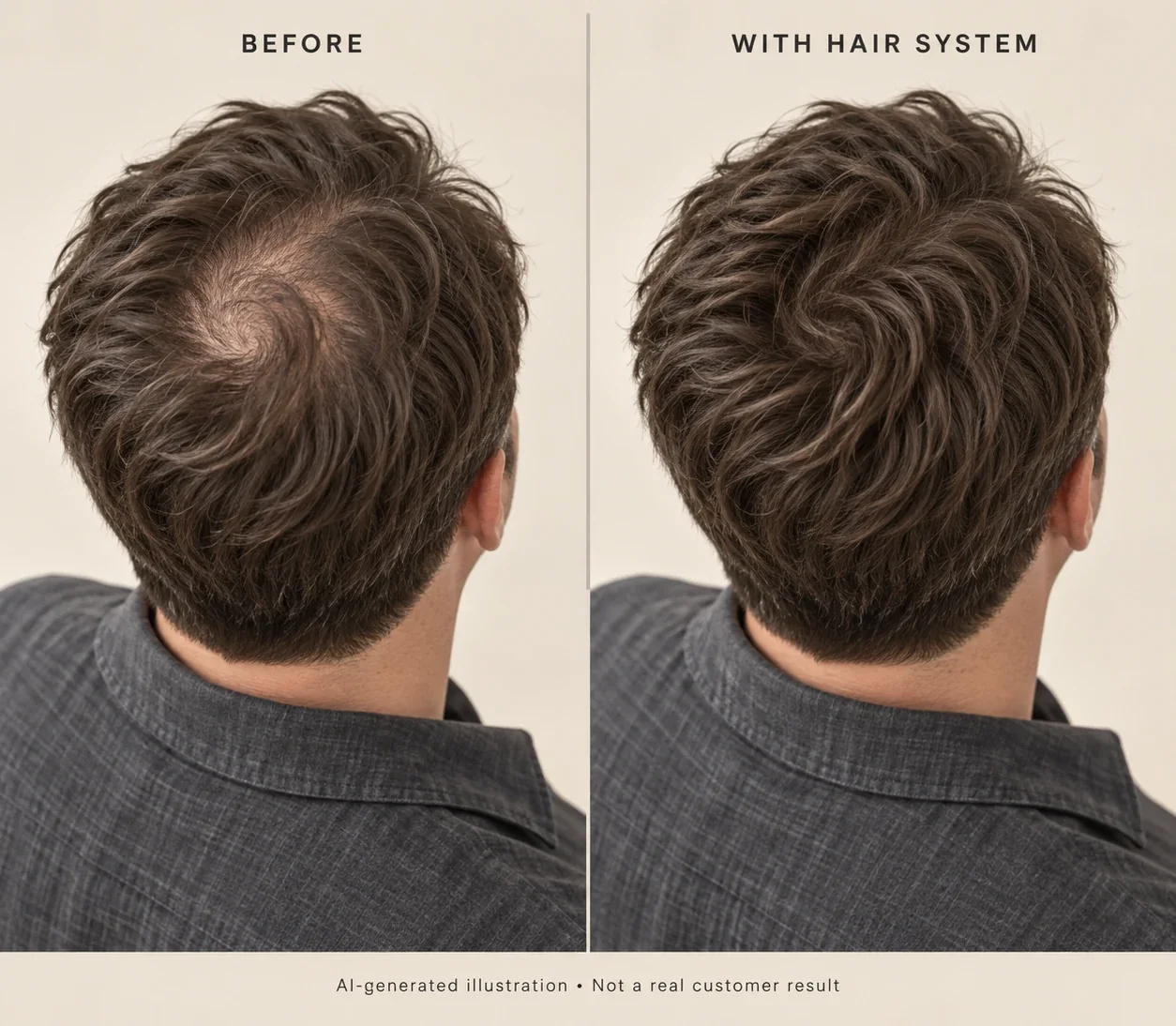 AI illustration: crown thinning before and the same client with a hair system after