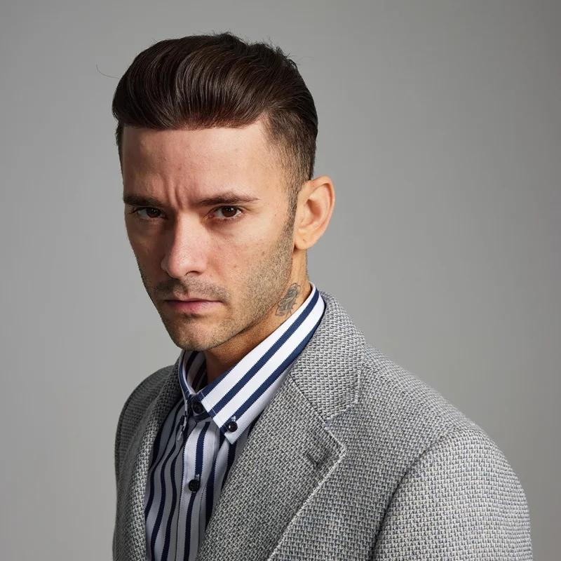 Man in a grey blazer with a styled hairstyle