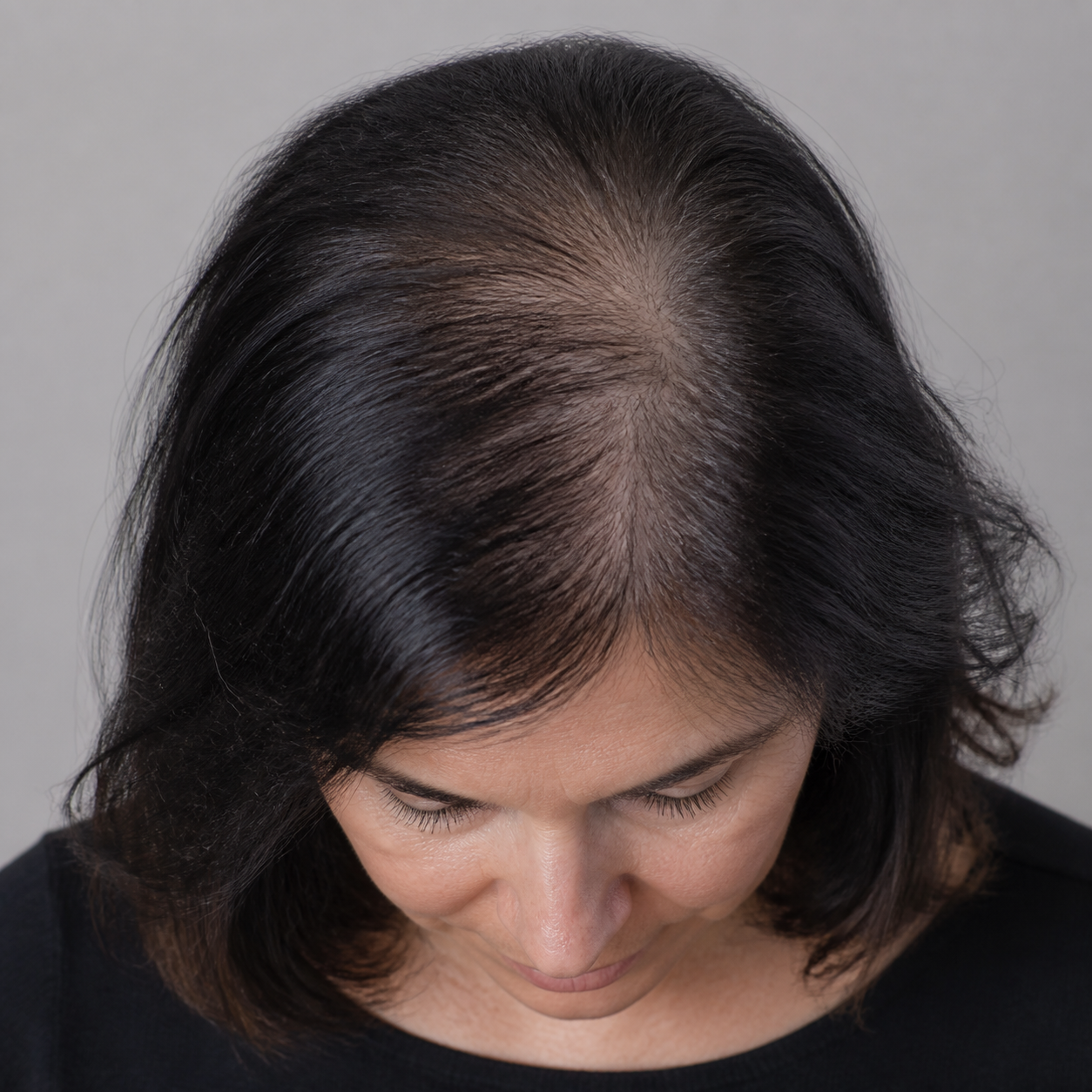 Close view of diffuse thinning at the top of the head