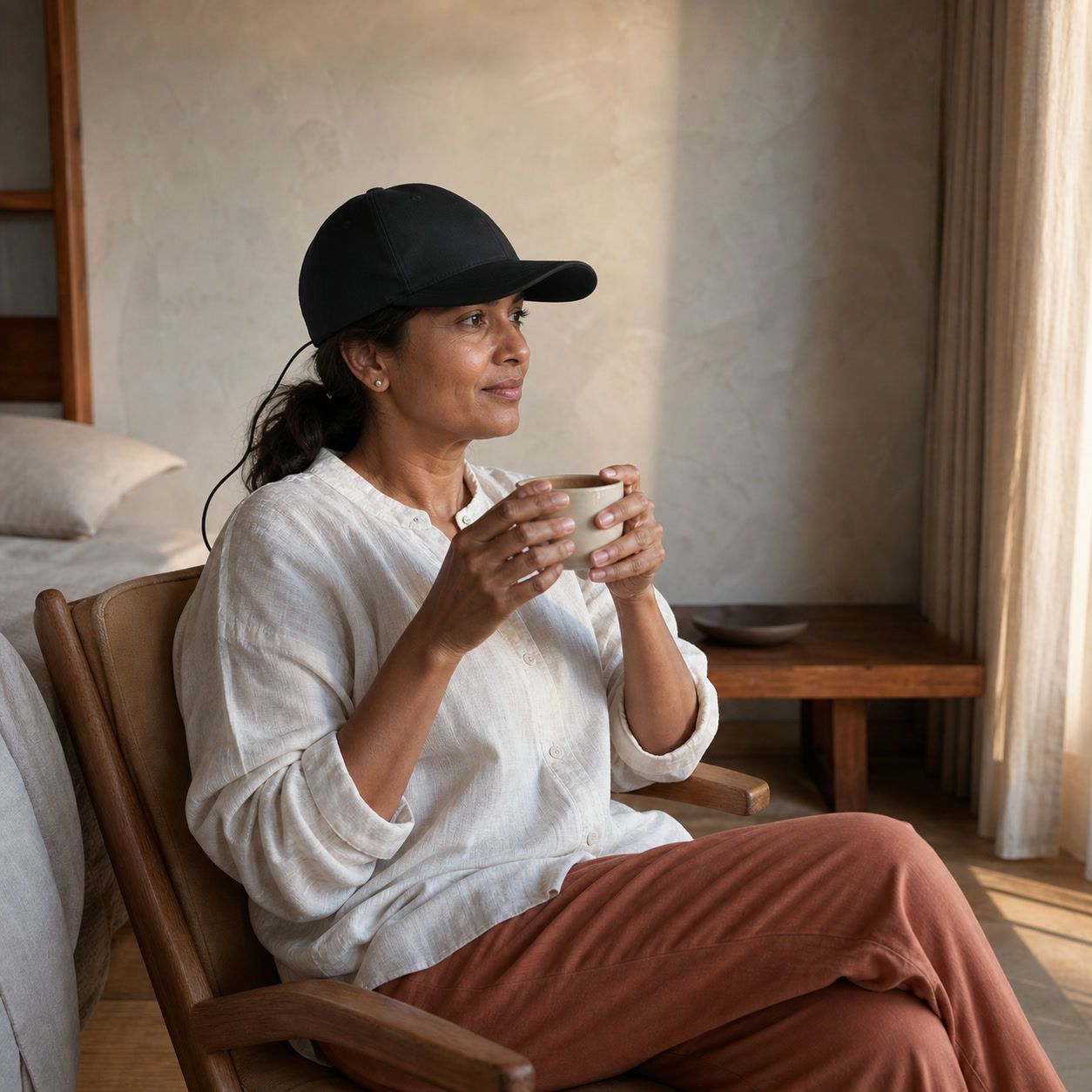 South Asian woman wearing a black ReHair laser cap during a quiet tea break