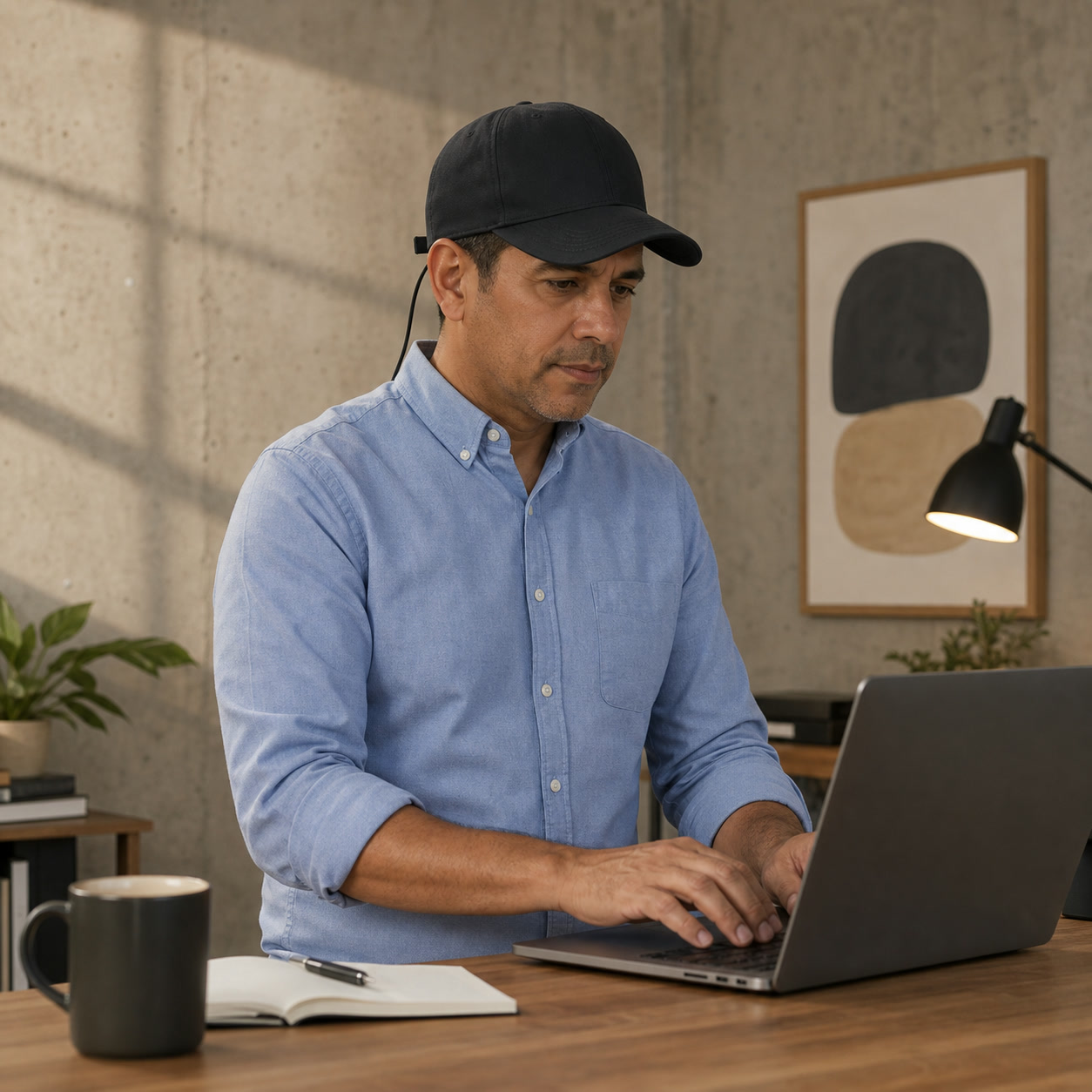 Latino man wearing a black ReHair laser cap while working from home