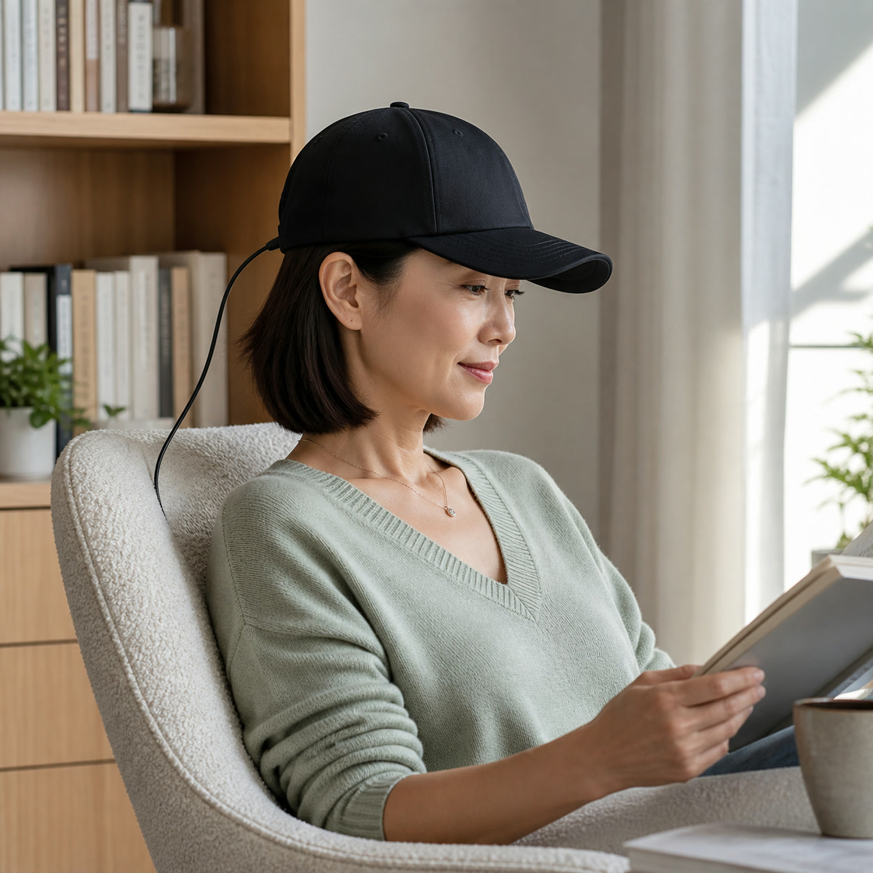 East Asian woman wearing a black ReHair laser cap while reading at home