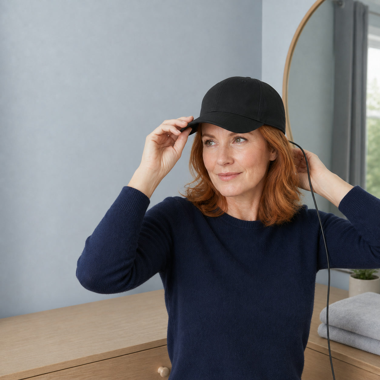 Woman adjusting a connected black ReHair laser cap for a secure fit