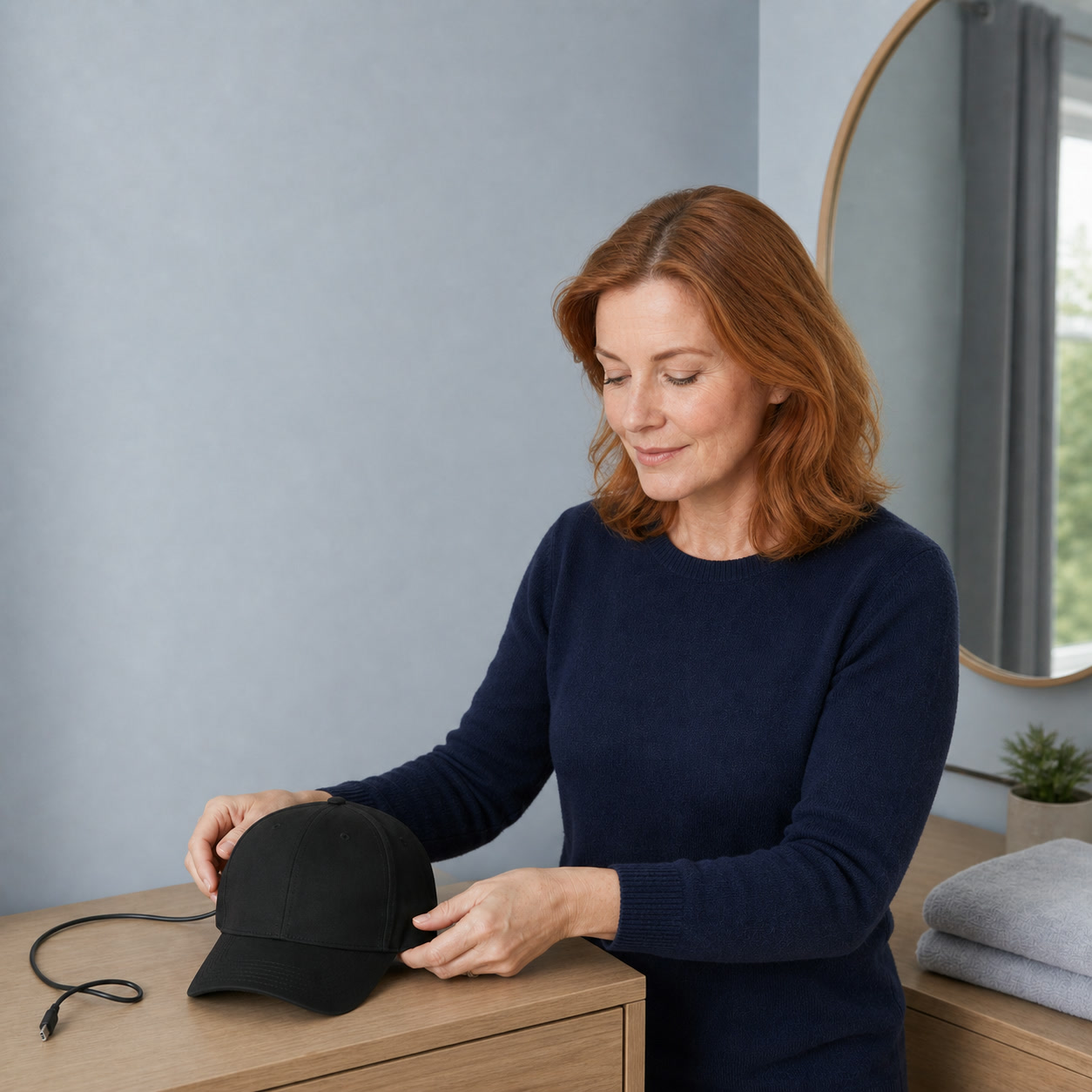 Woman placing a disconnected black ReHair laser cap on a clean vanity