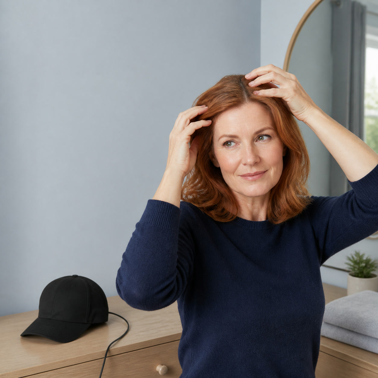 Woman preparing dry hair beside a black ReHair laser cap