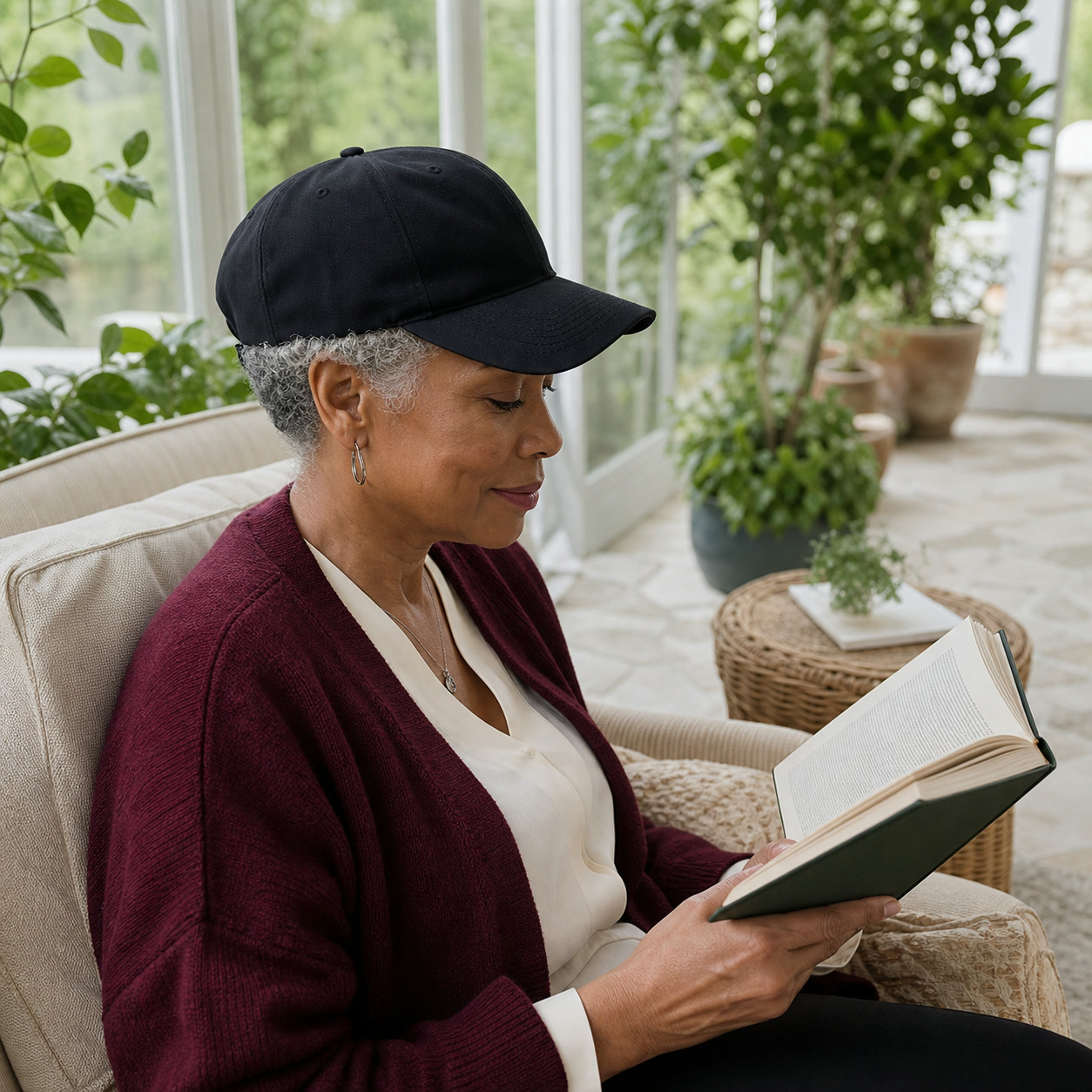 Older Black woman wearing a black ReHair laser cap while reading in a sunroom