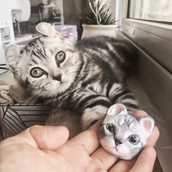 A tabby cat next to its clay magnet portrait