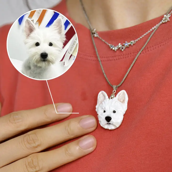 Clay pet portrait pendant on a necklace