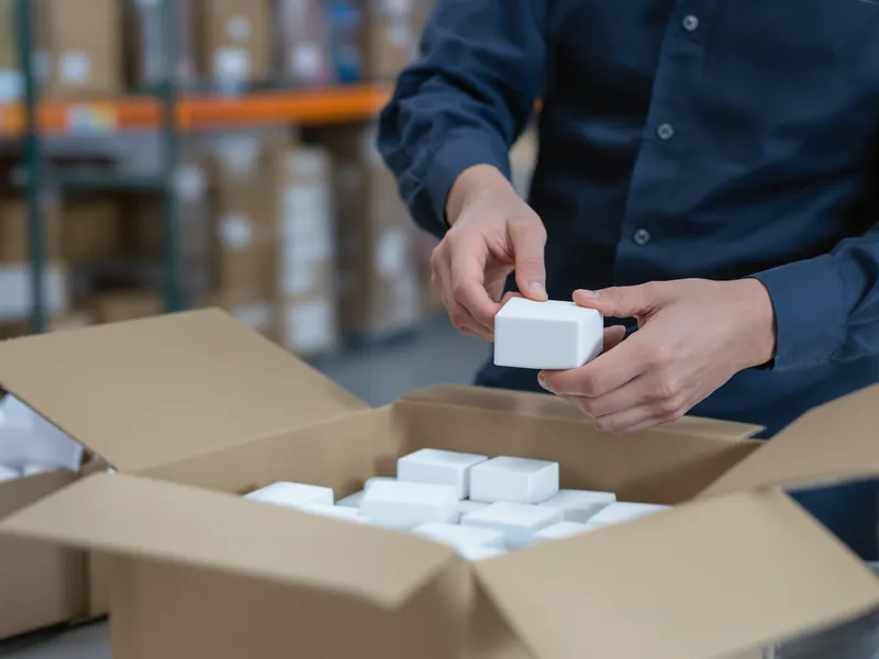 Hands placing small white boxes into a cardboard carton