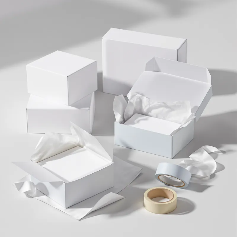 Plain white packaging boxes, tissue paper and tape