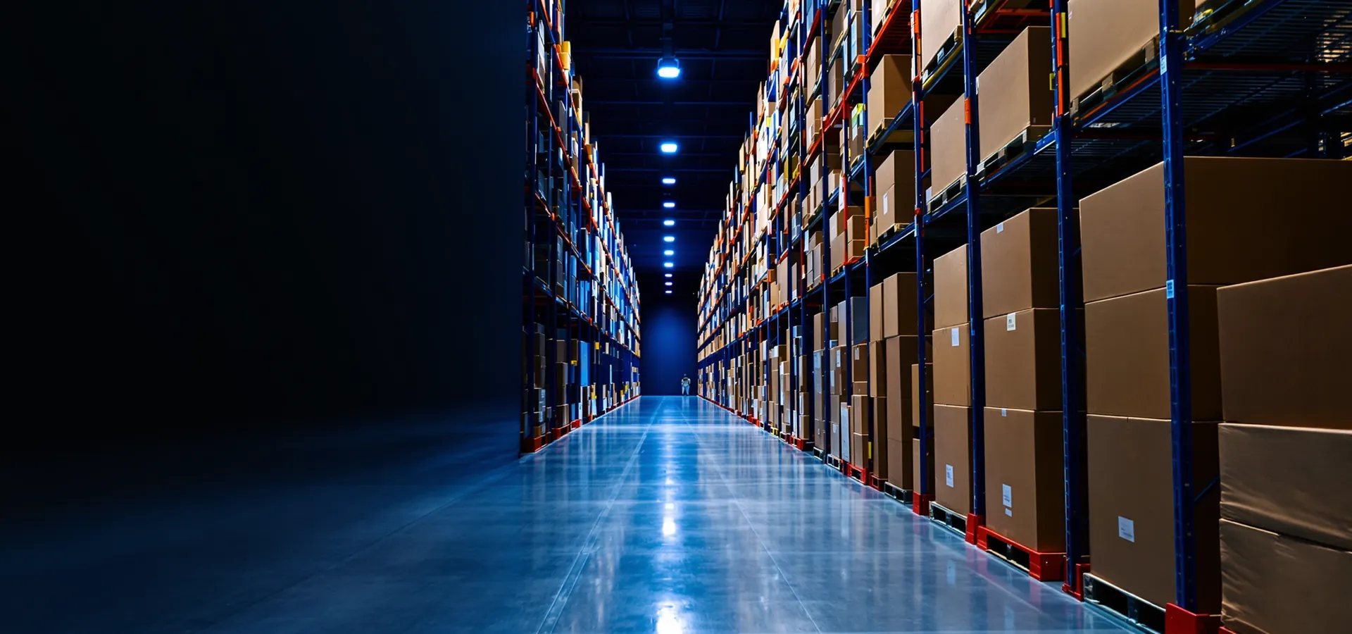Warehouse aisle with shelving racks and cardboard boxes