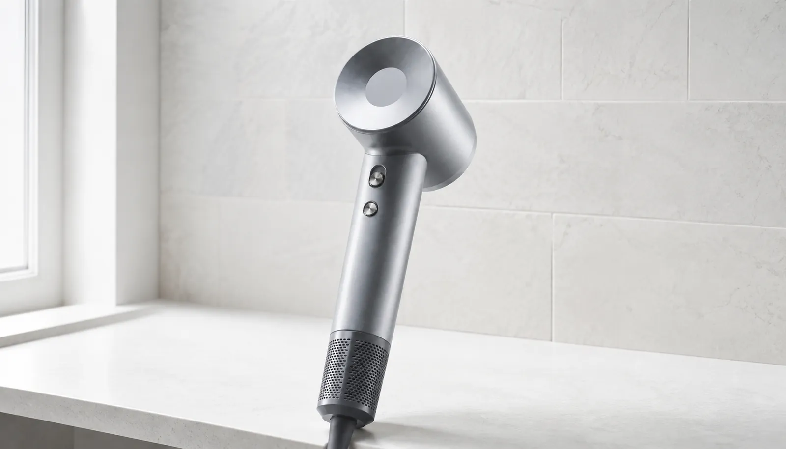 SHYN silver hair dryer and its two control buttons