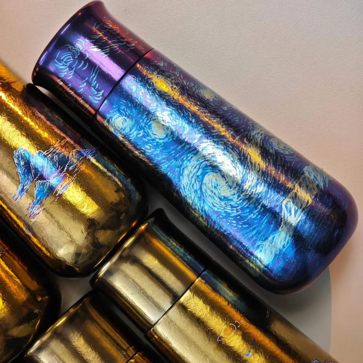 Tall bottle painted with swirling stars inspired by Van Gogh – view 2